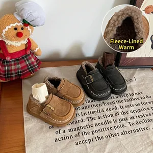 Toddler Winter Warm Fleece Lined Cotton Shoes Classic Buckle Style Soft Sole First Walker Shoes Split Leather Moccasins