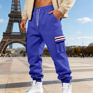 Men's blue fleece cargo sweatpants featuring multi-pockets and striped detailings