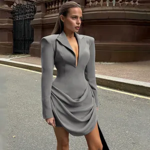 Elegant slim fit blazer dress featuring a deep V-neck and draped skirt detail design