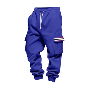 Macro view of blue cargo sweatpants featuring signature tricolor striped pocket detail