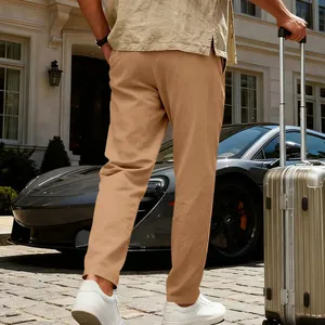 Pantaloni casual da uomo in lino larghi e traspiranti in kaki, perfetti per l'estate.