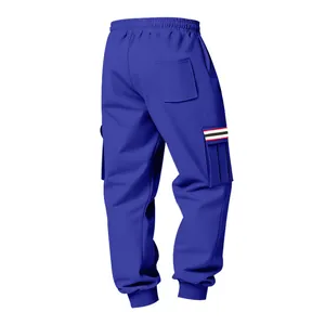 Premium men's blue fleece cargo sweatpants with multi-pockets and striped detail