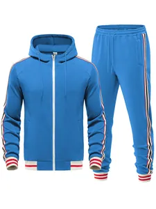 Blauer Herren-Trainingsanzug mit Kapuze, Seitenstreifen und gestreiften Rippbündchen