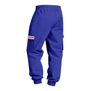 Back view of royal blue men's fleece cargo sweatpants with multi-pocket striped detail