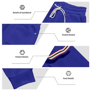 Close-up details of men's blue joggers showing waistband, pockets, and cuffed hems