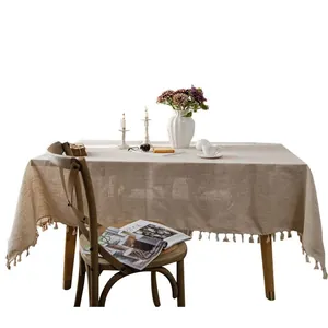 Elegant European style beige cotton linen tablecloth with tassel fringe for dining table