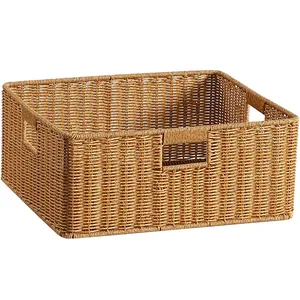 Geweven opbergmand van kunststof rattan met handgrepen, rechthoekige mand voor de badkamer.