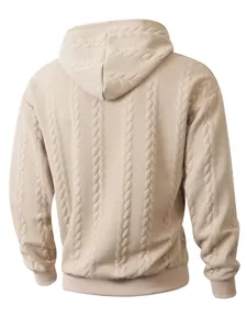 Detailed back view of men's apricot cable knit hoodie with premium textured pattern