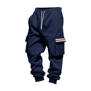 Navy blue men's fleece cargo pants with drawstring waist and striped pocket detail