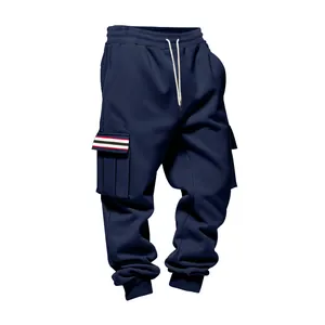Detailed view of navy blue men's fleece cargo pants with striped pocket accents