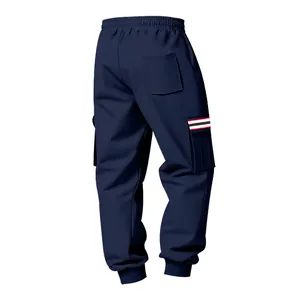 Detailed back view of navy blue fleece cargo sweatpants with striped pocket trim.