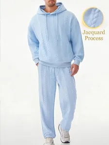 Detail view of light blue men's cable knit jacquard hoodie and joggers set