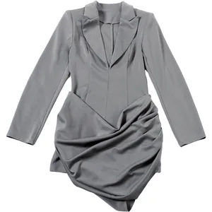 Detailed view of a grey slim-fit long-sleeved blazer dress with elegant draped skirt