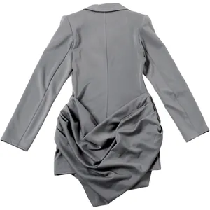 Back detail of a grey blazer dress featuring elegant draped and ruched fabric design