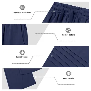 Dettagli dei pantaloni in lino da uomo che mostrano vita, tasche, ginocchio e fondo