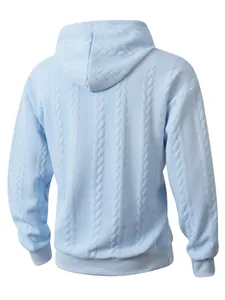 Detailed back view of a light blue men's jacquard cable-knit hooded sweatshirt texture