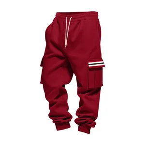 Close-up of burgundy men's fleece cargo sweatpants featuring striped side pocket detail.