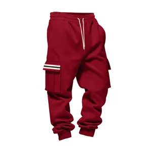 Detail view of men's red fleece cargo sweatpants with side pocket striped design