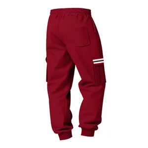 Detailed view of the back pocket and striped cargo design on men's burgundy fleece joggers.