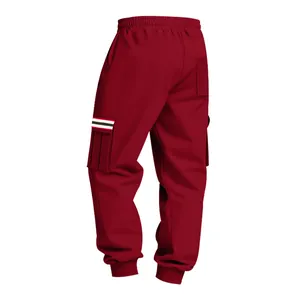Back view of dark red men's fleece cargo sweatpants featuring striped pocket detail