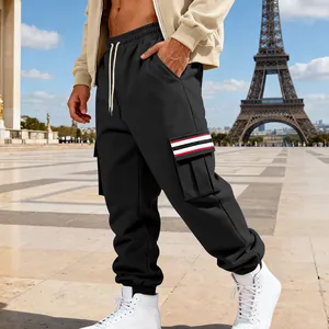 Men's black fleece-lined cargo joggers featuring multi-pocket and striped pocket details