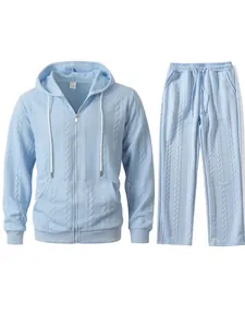 Full view of light blue jacquard textured men's hooded zip-up sweatshirt and pants set