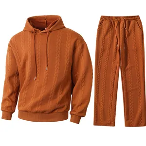 Men's rust orange cable knit jacquard hoodie and sweatpants two-piece set detail view