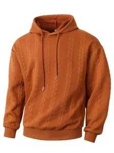 Detailed view of burnt orange men's jacquard cable texture hoodie with drawstring.