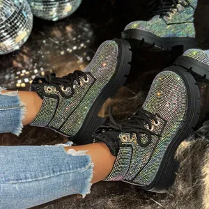 Glitter rhinestone Martin boots for women with disco party style and chunky soles.