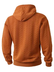 Detailed back view of men's orange jacquard hoodie with vertical cable knit patterns