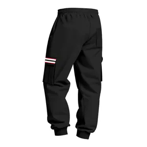 Back view of men's black fleece cargo jogger pants with striped pocket flap detail