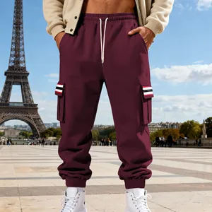 Premium men's burgundy fleece cargo sweatpants featuring striped pockets and elastic cuffs
