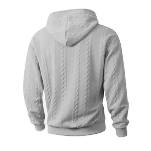 Detailed back view of light gray men's hoodie with 3D cable knit textured pattern