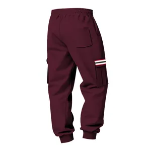 Back view of men's burgundy fleece cargo sweatpants with striped pocket detail