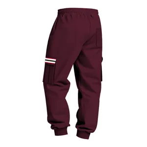 Rear 45-degree angle of burgundy men's fleece cargo pants with striped pocket details