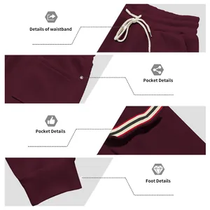 Details of men's burgundy fleece joggers featuring drawstring waist and striped trim pockets