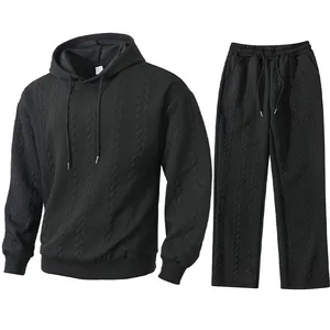 Black men's jacquard hooded sweatshirt and matching joggers two-piece casual set