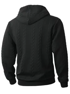 Back view of a black men's hoodie with a detailed cable-knit jacquard pattern texture.