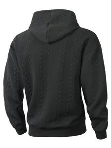 Back view of a men's black hooded sweatshirt featuring intricate cable knit jacquard pattern