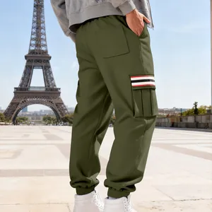 Stylish olive green men's fleece cargo joggers featuring multi-pocket striped design