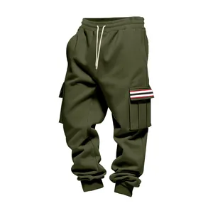 Detailed close-up of men's olive green cargo fleece sweatpants with striped pocket