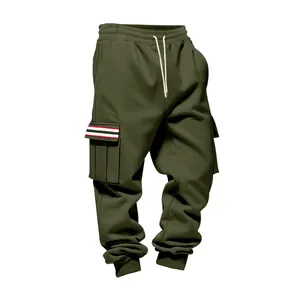 Detailed front view of olive green fleece cargo pants showing striped pocket flap.