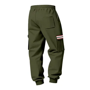 Back view of men's olive green fleece cargo joggers featuring multi-pocket and striped detail