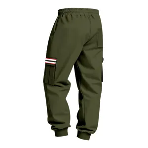 Back view of men's olive green fleece cargo pants featuring striped side pocket detail