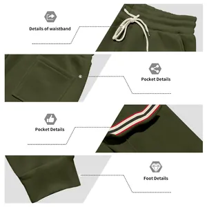 Detailed close-ups of men's olive green cargo pants waistband, pockets and ribbed cuffs
