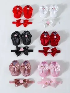 Variety of baby princess shoes and matching headband sets with satin bows and roses
