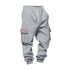 Men's grey fleece cargo sweatpants featuring multi-pocket design and striped pocket trim