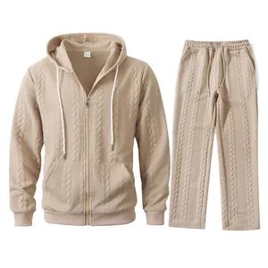 Men's stylish beige cable-knit jacquard tracksuit set with zip-up hoodie and matching pants