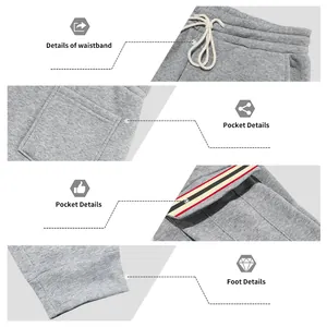 Close-up view of mens grey sweatpants showing waistband, pockets, and ribbed cuffs.