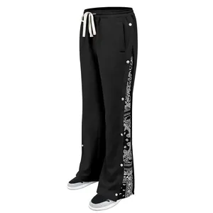 Detailed macro shot of men's heavy street hip hop pants featuring paisley side panel